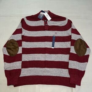New Chaps Men Burgundy Stripe Henley Mock Neck Sweater Elbow Cotton Patch-L-3579